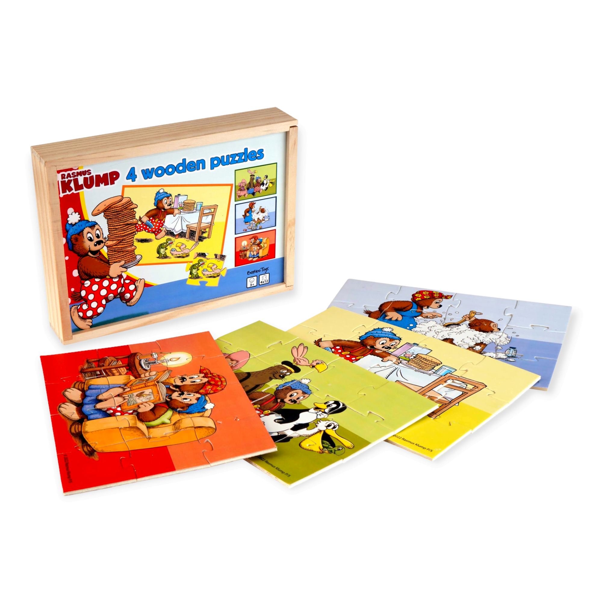 Trækasse med 4 Rasmus Klump puslespil
