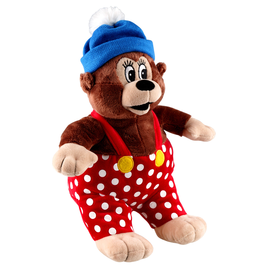 Rasmus Klump bamse med blå hue og røde bukser med hvide prikker