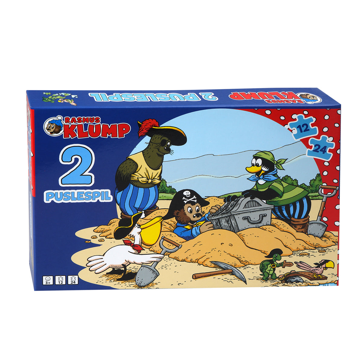 Children's Rasmus Klump puzzle set with 12-piece and 24-piece puzzles. Colorful treasure hunt scene featuring Rasmus Klump, Pingo and friends searching for buried treasure on the beach.