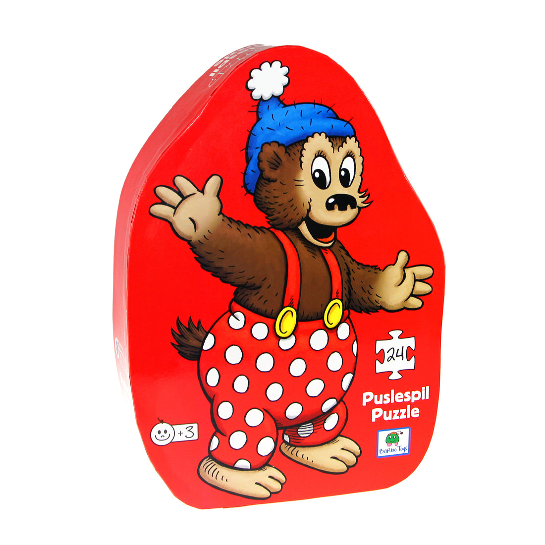 Rasmus Klump 24-piece children's puzzle presented in a decorative gift box shaped like Rasmus Klump. Perfect for young fans and educational play.
