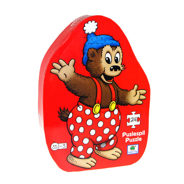 Rasmus Klump 24-piece children's puzzle presented in a decorative gift box shaped like Rasmus Klump. Perfect for young fans and educational play.