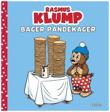 Rasmus Klump bager pandekager, børnebog med Rasmus Klump og store stakke pandekager på bogens forside.