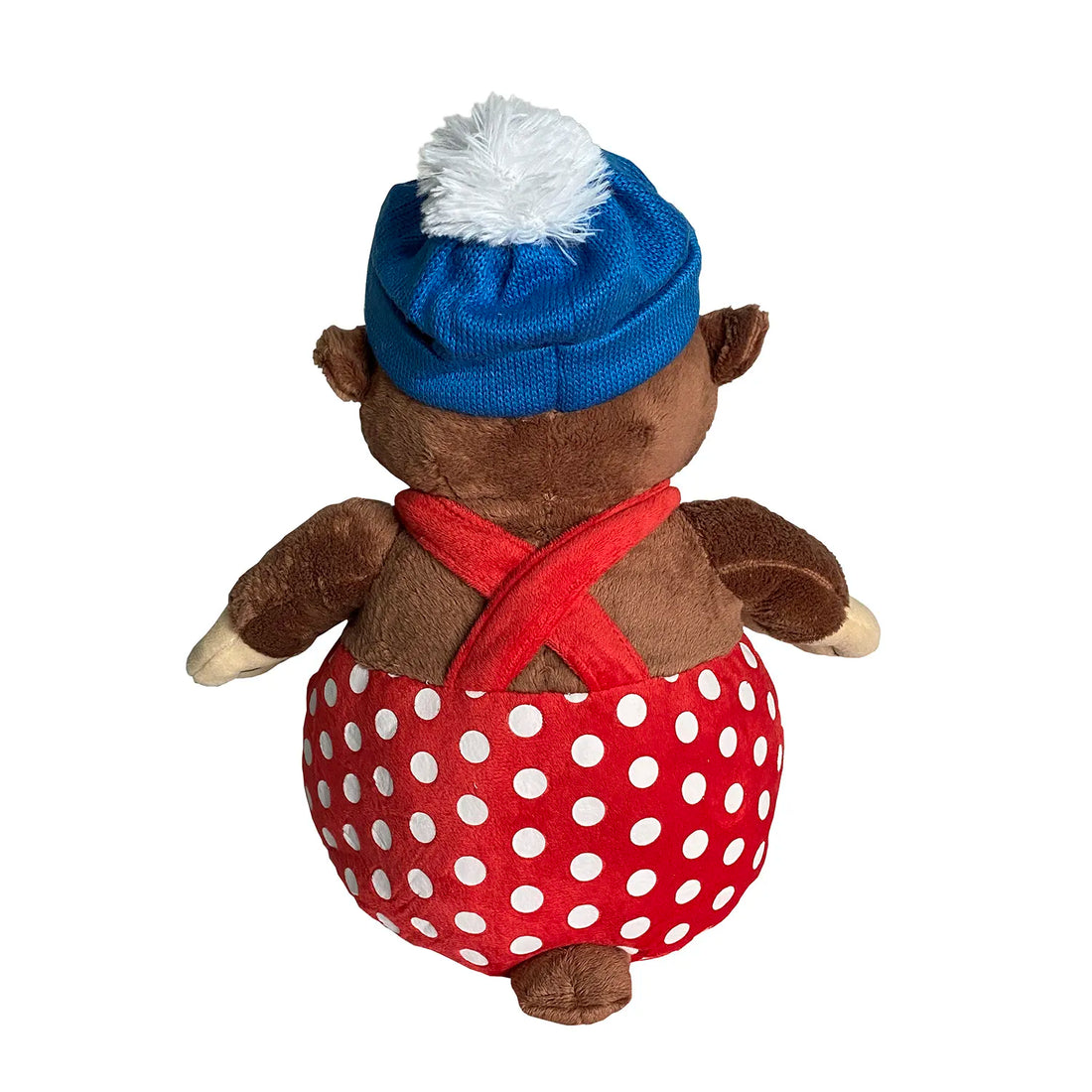 Rasmus Klump bamse med blå hue og røde bukser med hvide prikker