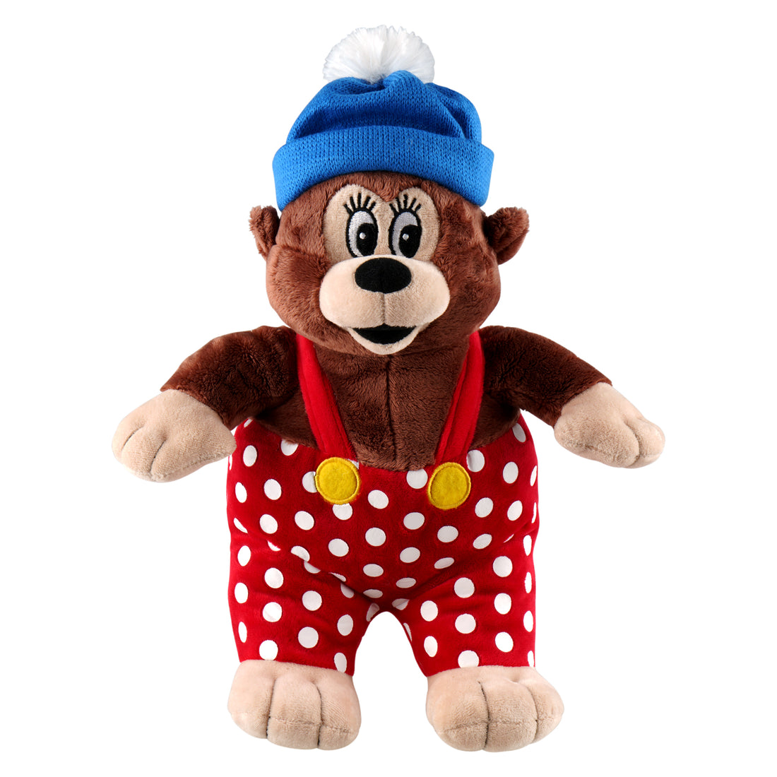 Rasmus Klump bamse med blå hue og røde bukser med hvide prikker
