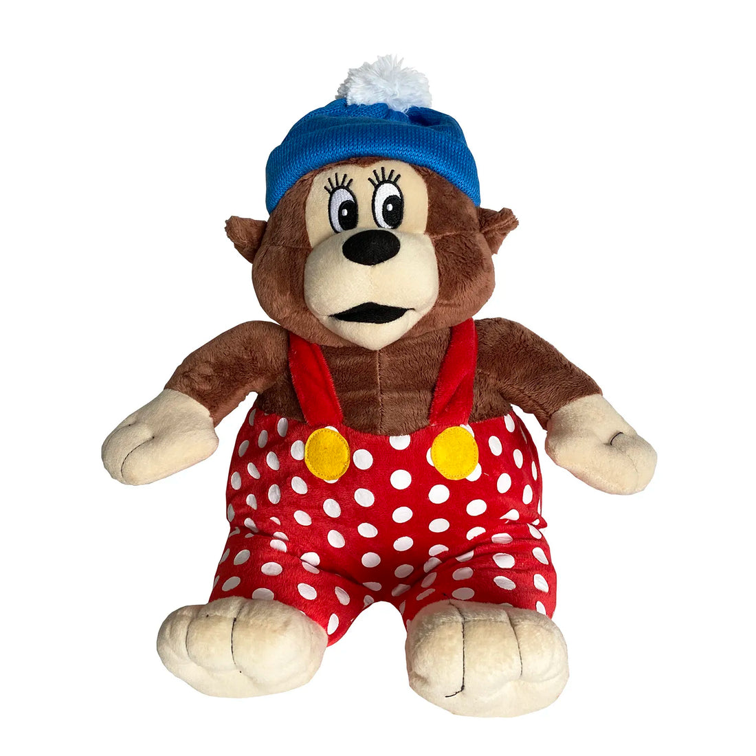 Rasmus Klump bamse med blå hue og røde bukser med hvide prikker
