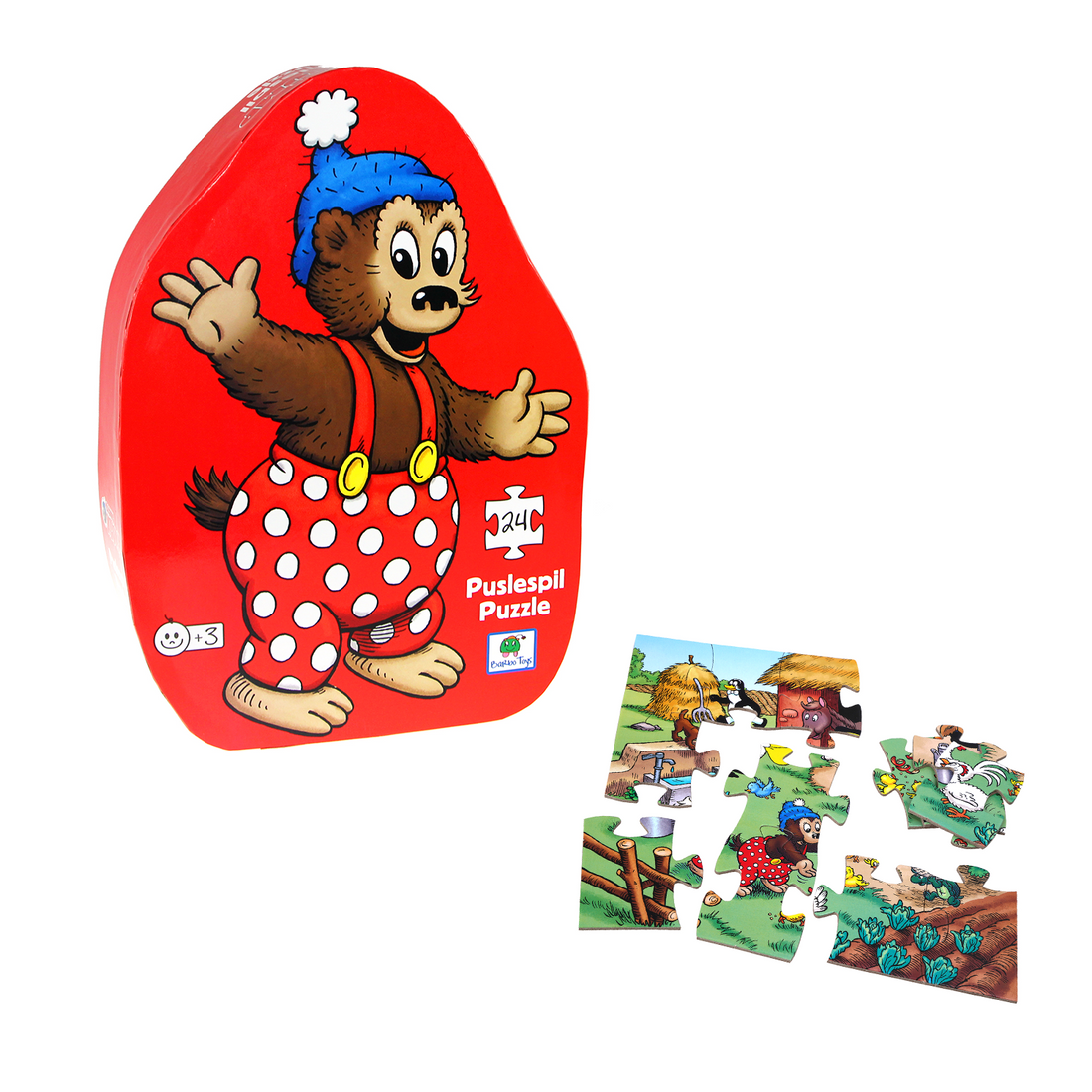 Rasmus Klump 24-piece children's puzzle presented in a decorative gift box shaped like Rasmus Klump. Perfect for young fans and educational play.