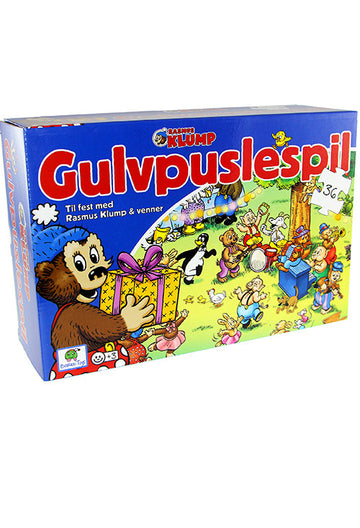 Rasmus Klump gulvpuslespil med festmotiv og farverige illustrationer af Rasmus Klump og vennerne.