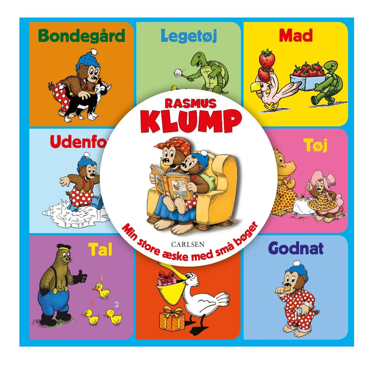 Rasmus Klump Mine Første Bøger i æske med ni papbøger om tal, dyr, legetøj, mad, bondegård og godnat til små børn.