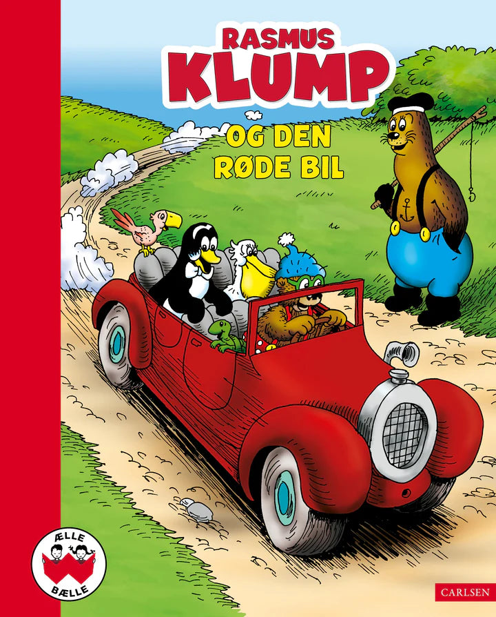 Rasmus Klump og den røde bil fra Carlsen, klassisk børnebog med Rasmus Klump, Pingo og vennerne i den velkendte røde bil.
