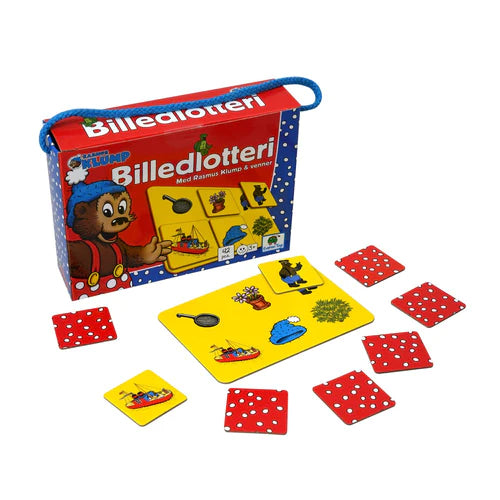 Rasmus Klump picture lottery game for children and families in a colorful box with game tiles featuring characters and objects from the Rasmus Klump universe