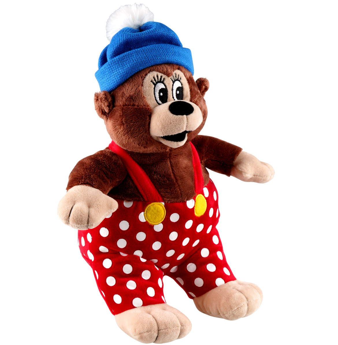 Blød Rasmus Klump bamse med blå hue og røde bukser med hvide prikker, inspireret af den klassiske Rasmus Klump-figur.
