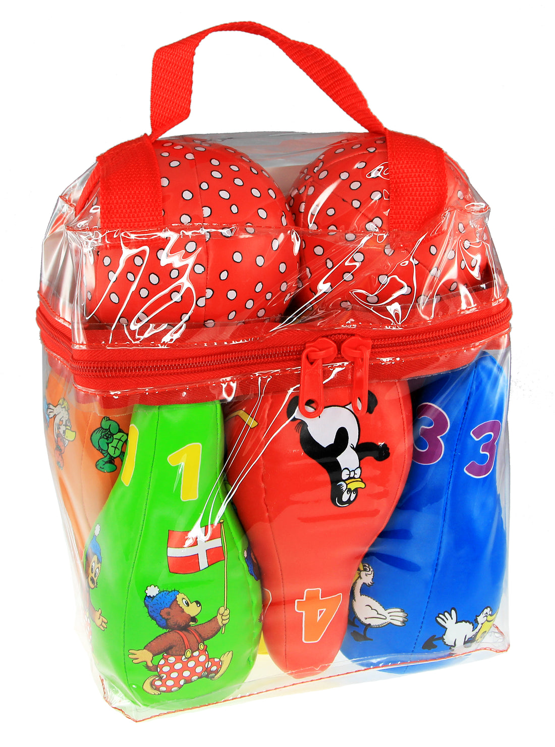 Rasmus Klump soft bowling set for children, featuring 6 colorful numbered bowling pins and 2 soft balls. Fun educational game that helps develop motor skills, coordination, color recognition, and counting.