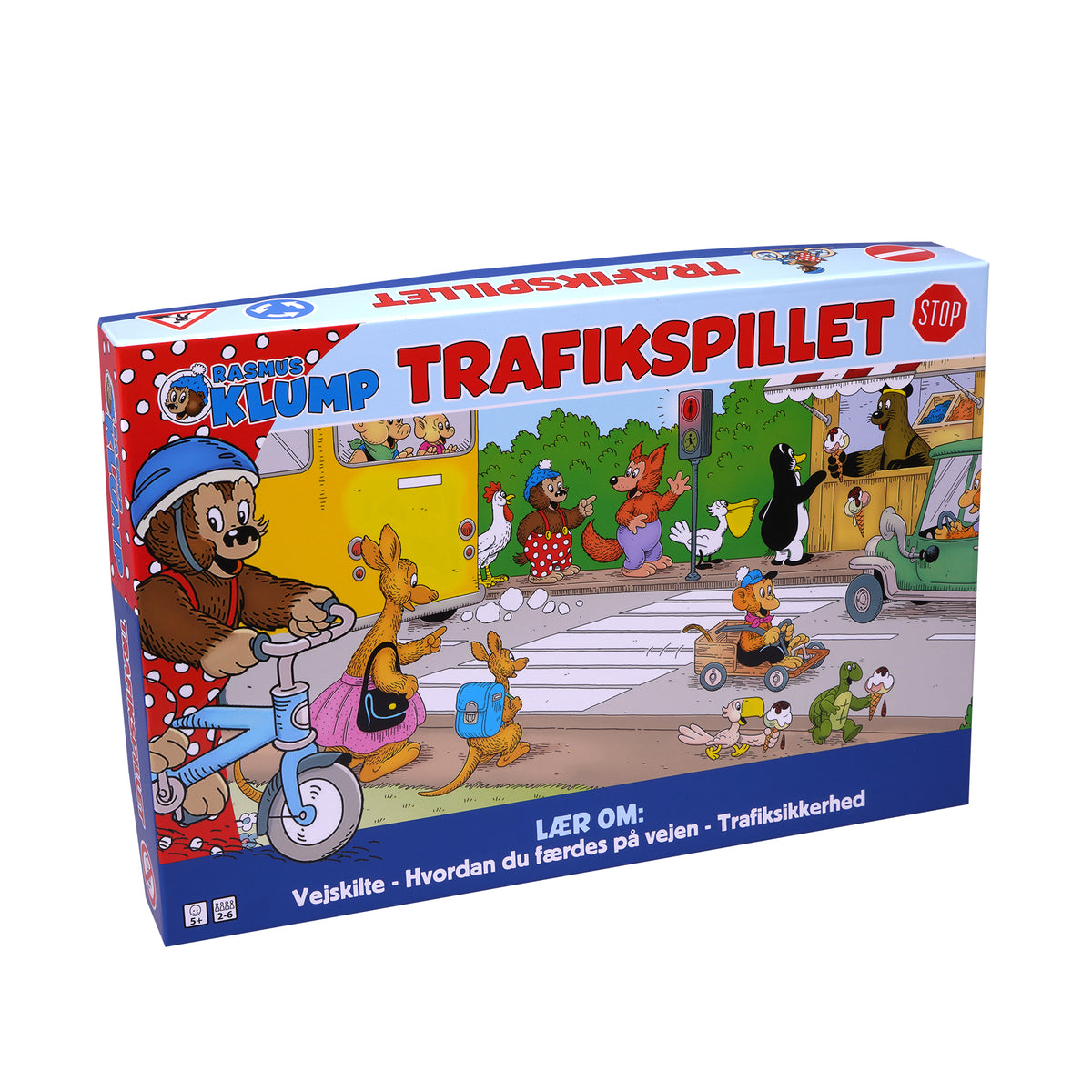 Rasmus Klump Trafikspillet, sjovt og lærerigt børnespil om trafiksikkerhed, vejskilte og regler i trafikken for børn fra 4 år.